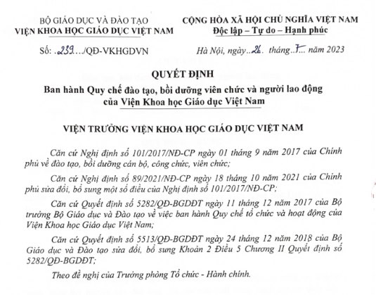 Quyết định số 239 Ban hành Quy chế đào tạo, bồi dưỡng viên chức và người lao động của Viện Khoa học giáo dục Việt Nam